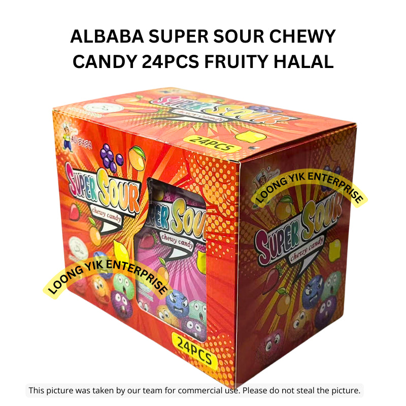 ALBABA SUPER SOUR CHEWY CANDY 24PCS FRUITY HALAL