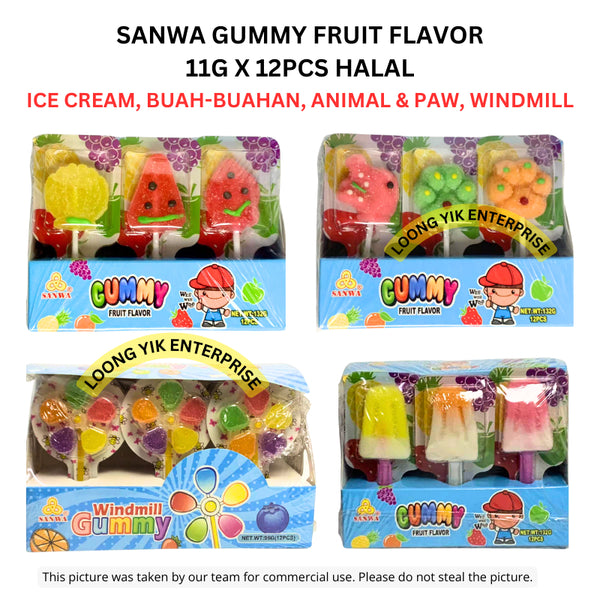 SANWA GUMMY FRUIT FLAVOR 11G X 12PCS HALAL ICE CREAM, BUAH-BUAHAN, ANIMAL & PAW, WINDMILL