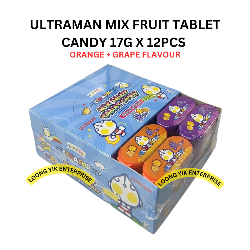 ULTRAMAN MIX FRUIT TABLET CANDY ORANGE + GRAPE FLAVOUR 17G X 12PCS BEARDY YLF HALAL