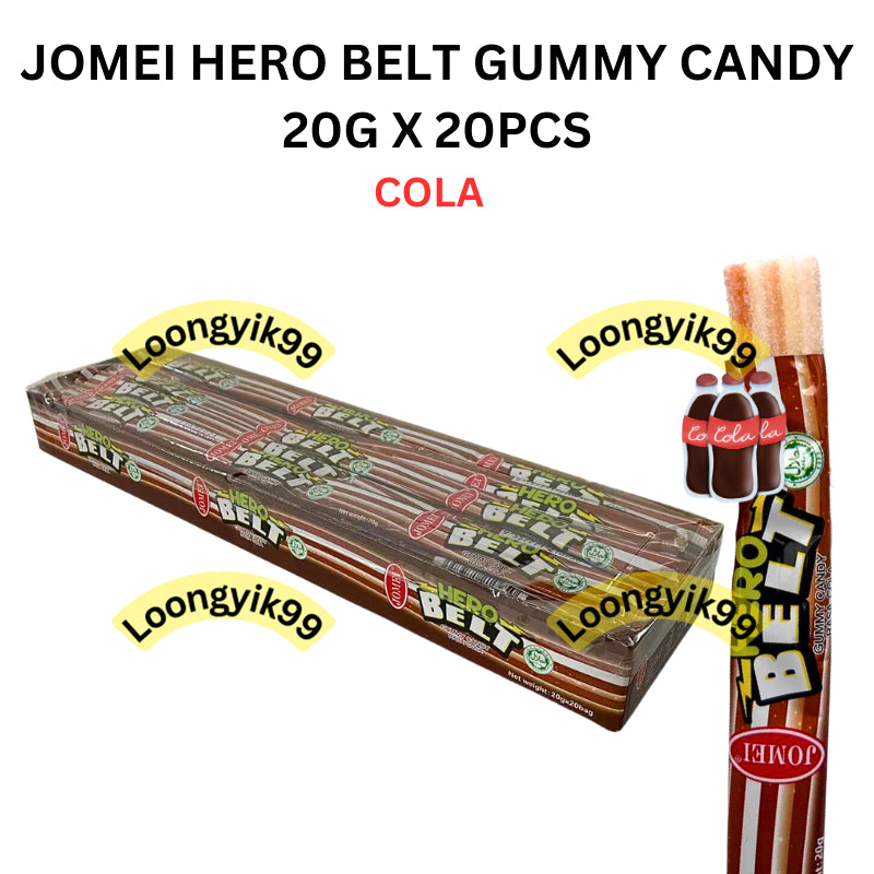 JOMEI HERO BELT GUMMY CANDY 20G X 20PCS COLA / BLUEBERRY / STRAWBERRY