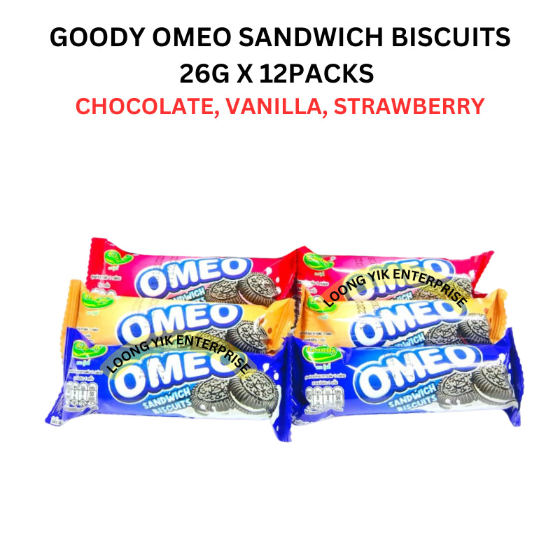 GOODY OMEO SANDWICH BISCUITS 26G X 12PACKS ( CHOCOLATE, VANILLA, STRAWBERRY )