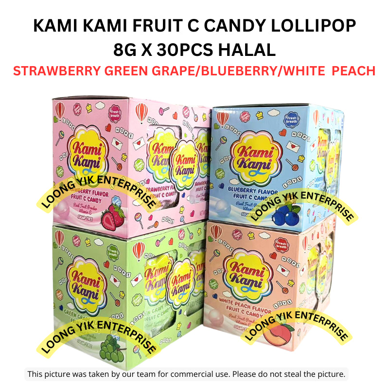 KAMI KAMI FRUI C CANDY LOLLIPOP 8G X 30PCS HALAL GREEN GRAPE/BLUEBERRY/WHITE PEACH/STRAWBERRY HALAL