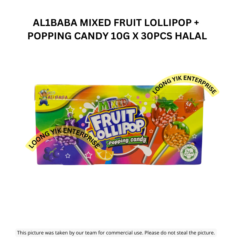 AL1BABA MIXED FRUIT LOLLIPOP + POPPING CANDY 10G X 30PCS HALAL