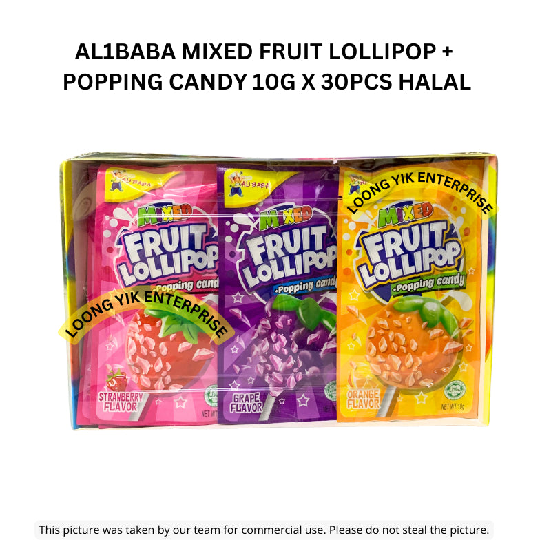 AL1BABA MIXED FRUIT LOLLIPOP + POPPING CANDY 10G X 30PCS HALAL