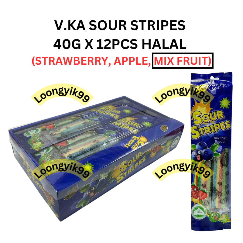 V.KA SOUR STRIPES 40G X 12PCS HALAL (STRAWBERRY, APPLE, MIX FRUIT)