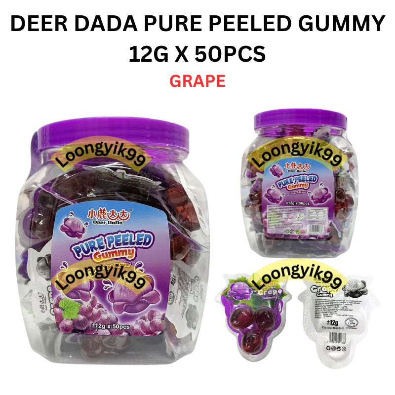 DEER DADA PURE PEELED GUMMY 12G X 50PCS (MANGO, GRRAPE, GREEN GRAPE,LITCHEE) HALAL