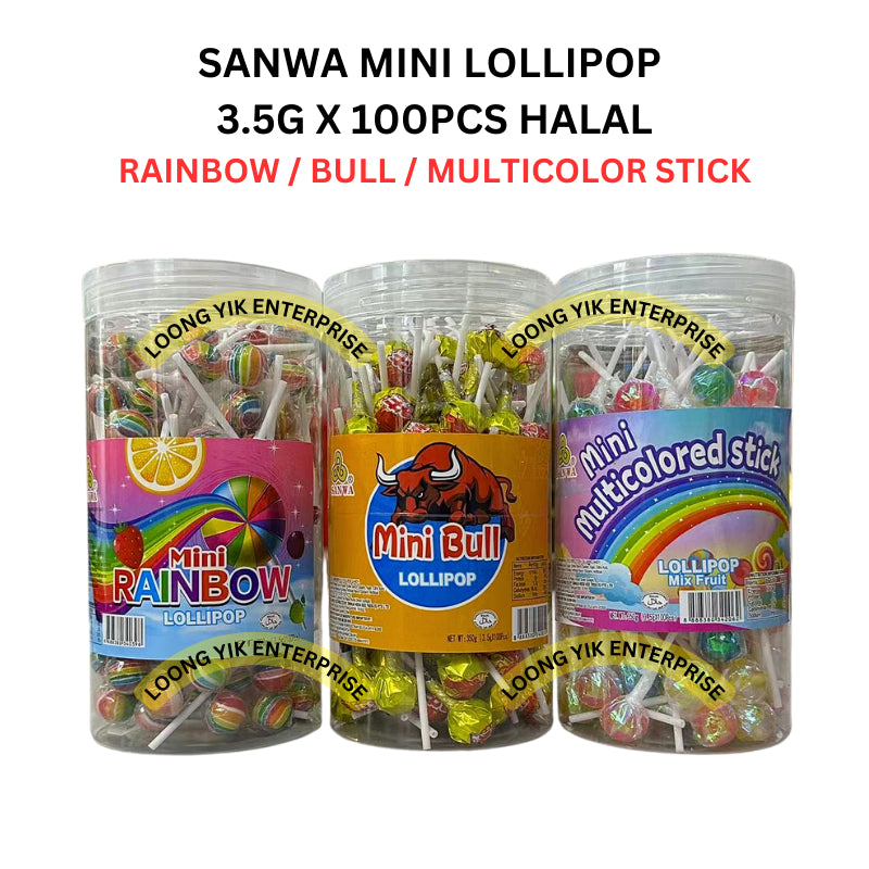 SANWA MINI LOLLIPOP RAINBOW / BULL / MULTICOLOR STICK 3.5G X 100PCS HALAL