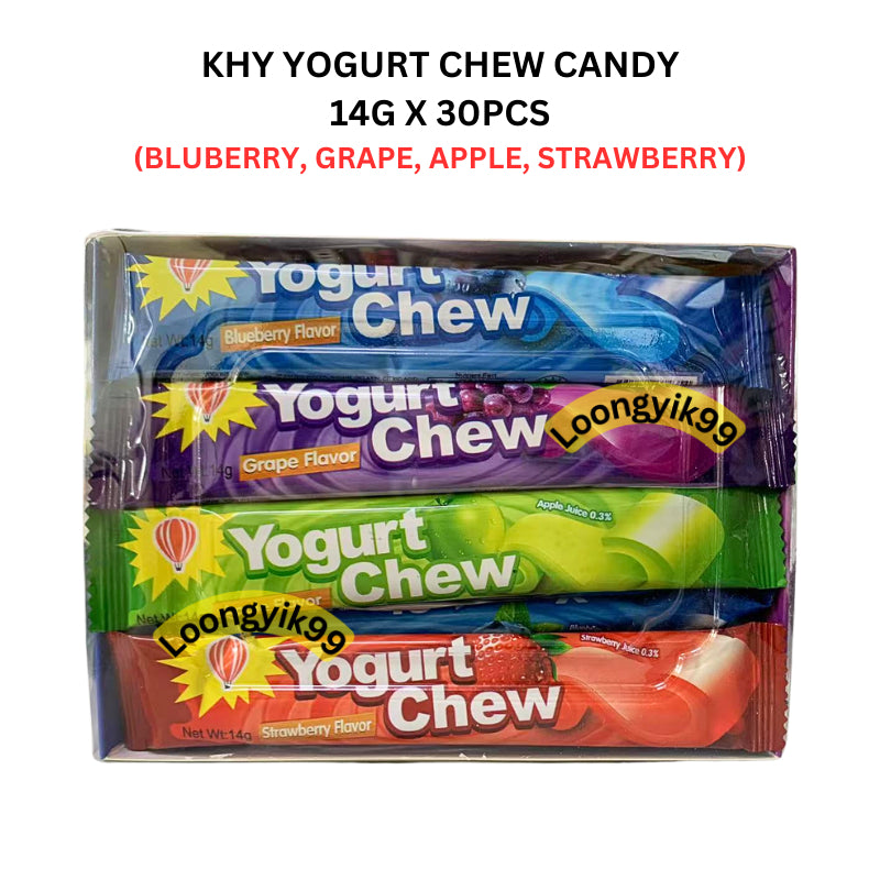 KHY YOGURT CHEW CANDY 14G X 30PCS (BLUBERRY, GRAPE, APPLE, STRAWBERRY) HALAL