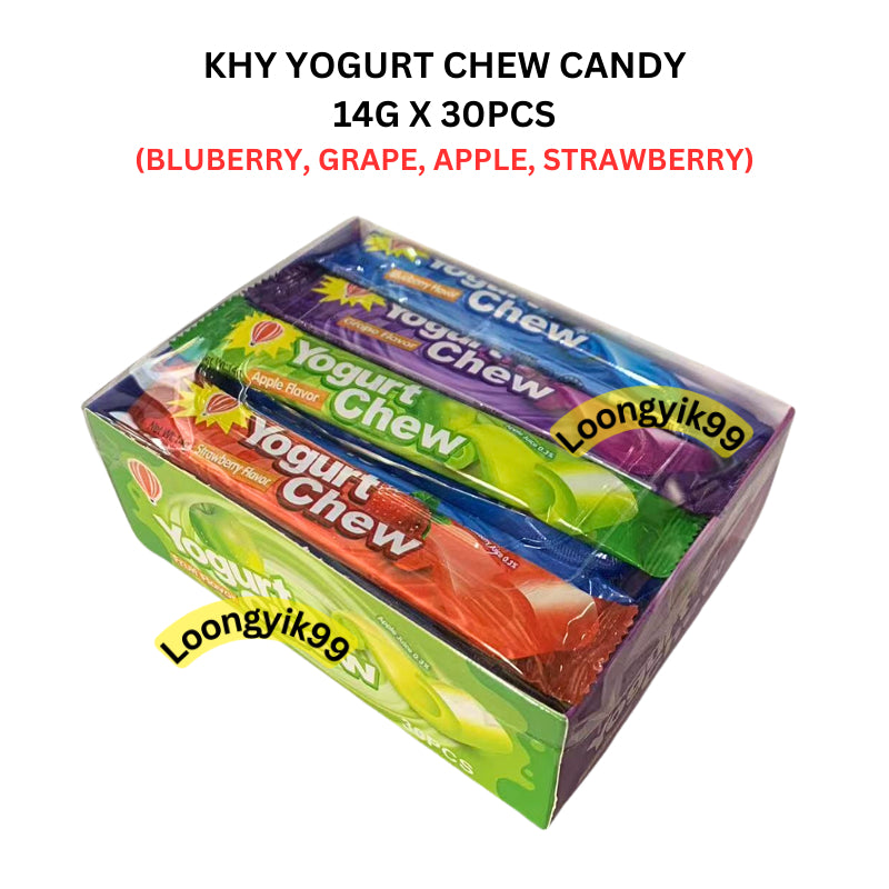 KHY YOGURT CHEW CANDY 14G X 30PCS (BLUBERRY, GRAPE, APPLE, STRAWBERRY) HALAL