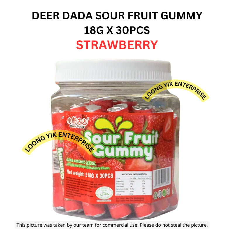 DEER DADA SOUR FRUIT GUMMY 18G X 30PCS (BLUEBERRY, STRAWBERRY, ORANGE) HALAL