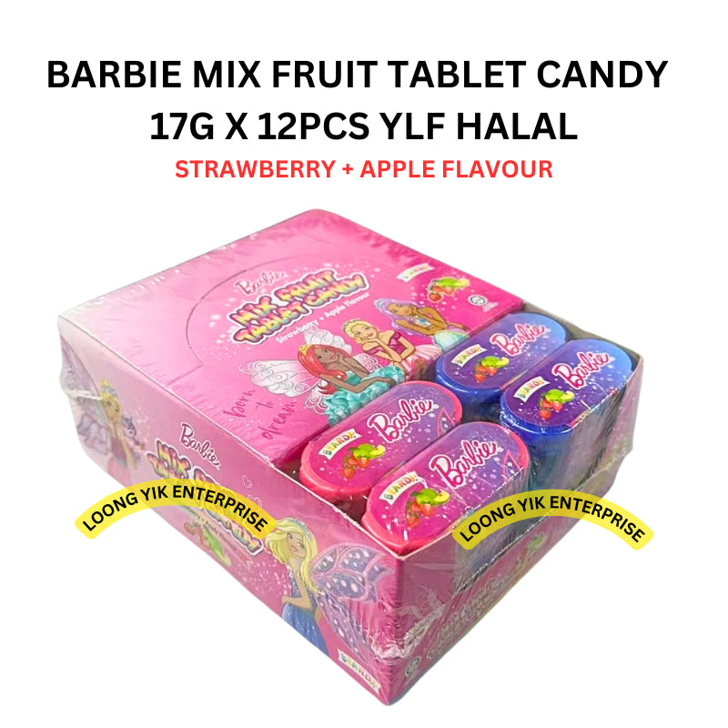 BARBIE MIX FRUIT TABLET CANDY STRAWBERRY + APPLE FLAVOUR 17G X 12PCS YLF HALAL