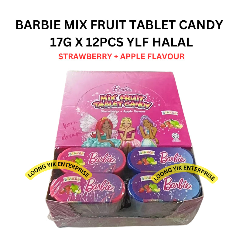 BARBIE MIX FRUIT TABLET CANDY STRAWBERRY + APPLE FLAVOUR 17G X 12PCS YLF HALAL