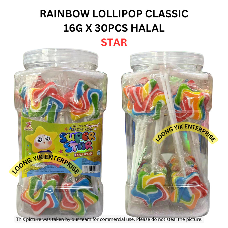 RAINBOW LOLLIPOP CLASSIC 16G X 30PCS HEART/TWISTY/STAR/CORN HALAL