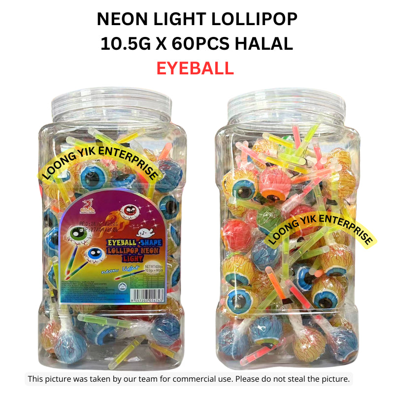 NEON LIGHT LOLLIPOP 10.5G X 60PCS EYEBALL/SUPER HERO/RAINBOW HALAL