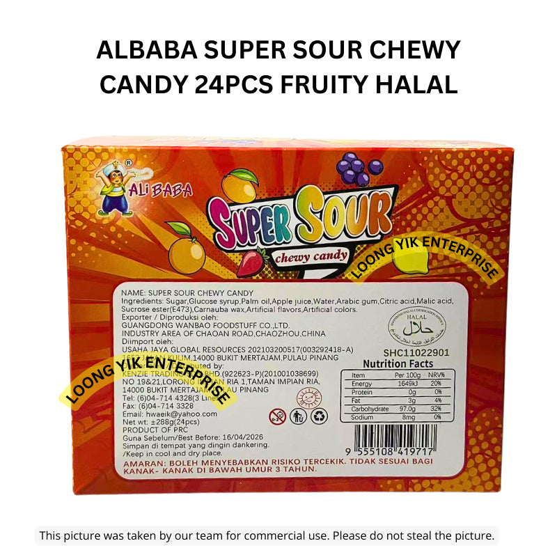 ALBABA SUPER SOUR CHEWY CANDY 24PCS FRUITY HALAL