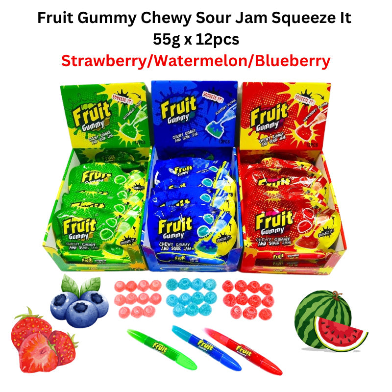 Halal Fruit Gummy Chewy Sour Jam Squeeze It 55g x 12pcs Strawberry/Watermelon/Blueberry