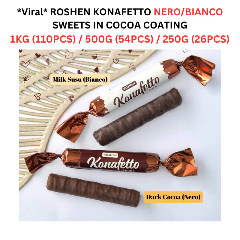*Viral* ROSHEN KONAFETTO NERO/BIANCO SWEETS IN COCOA COATING 1KG (110PCS) / 500G (54PCS) / 250G (26PCS)