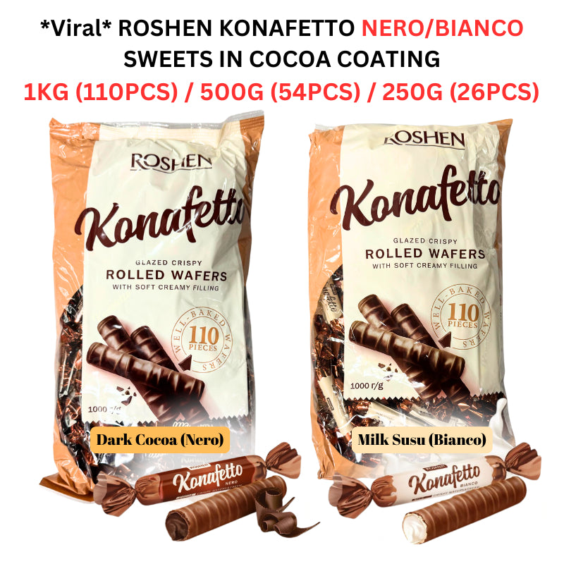 *Viral* ROSHEN KONAFETTO NERO/BIANCO SWEETS IN COCOA COATING 1KG (110PCS) / 500G (54PCS) / 250G (26PCS)