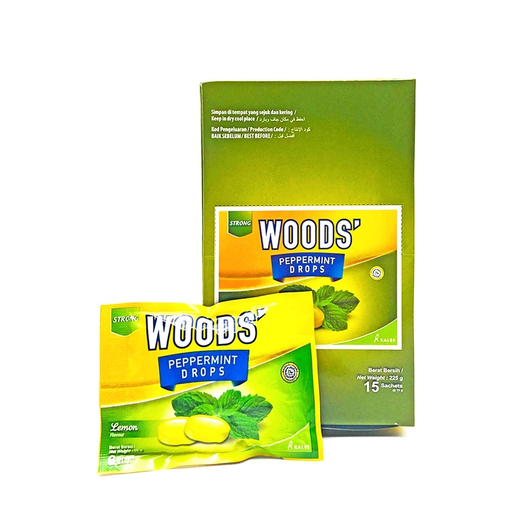 WOODS CANDY 100% ORIGINAL SORE THROAT LOZENGES PEPPERMINT DROPS (6FLAVOUR) 15G X 15 SACHETS