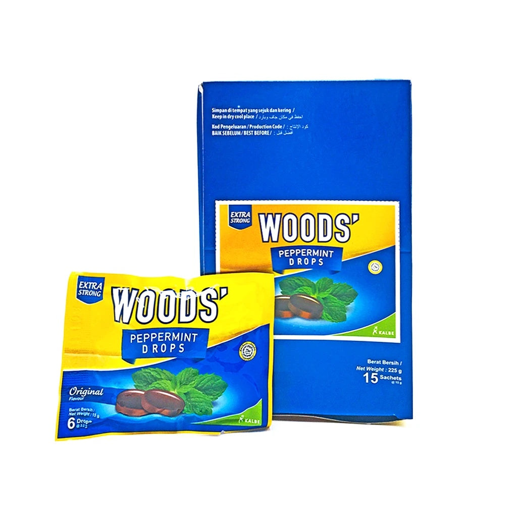 WOODS CANDY 100% ORIGINAL SORE THROAT LOZENGES PEPPERMINT DROPS (6FLAVOUR) 15G X 15 SACHETS