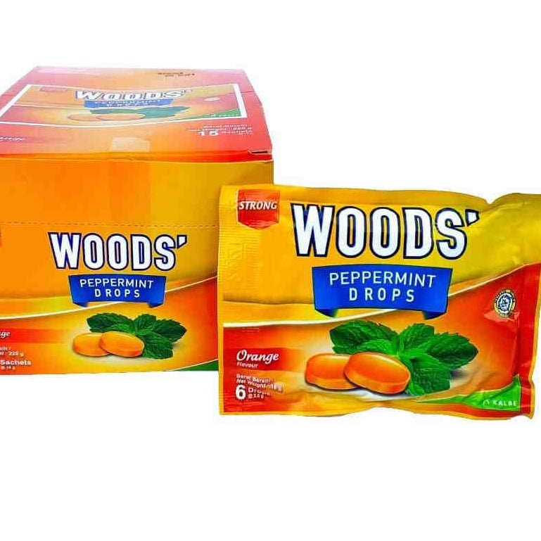 WOODS CANDY 100% ORIGINAL SORE THROAT LOZENGES PEPPERMINT DROPS (6FLAVOUR) 15G X 15 SACHETS