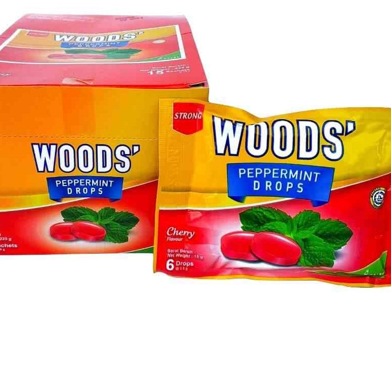 WOODS CANDY 100% ORIGINAL SORE THROAT LOZENGES PEPPERMINT DROPS (6FLAVOUR) 15G X 15 SACHETS