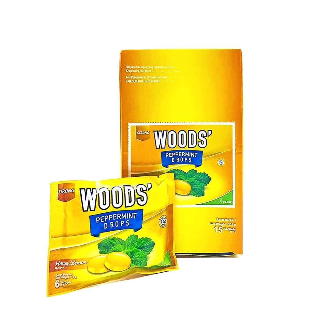 WOODS CANDY 100% ORIGINAL SORE THROAT LOZENGES PEPPERMINT DROPS (6FLAVOUR) 15G X 15 SACHETS