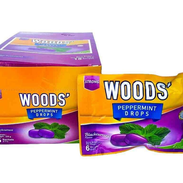 WOODS CANDY 100% ORIGINAL SORE THROAT LOZENGES PEPPERMINT DROPS (6FLAVOUR) 15G X 15 SACHETS