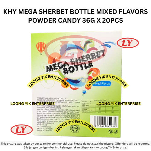 KHY MEGA SHERBET BOTTLE MIXED FLAVORS POWDER CANDY 36G X 20PCS