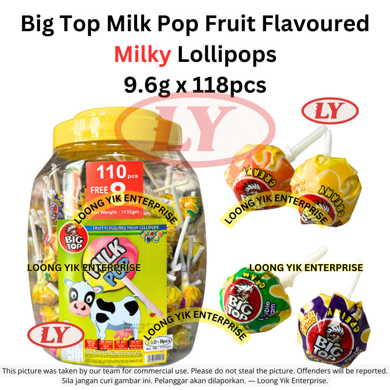 Big Top Lollipops ABC Mix/Mixed Fruits/Sour Pops/Colour Pops/Milk Pops 9.5g x 110pcs - 118pcs *Halal*