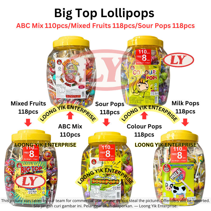 Big Top Lollipops ABC Mix/Mixed Fruits/Sour Pops/Colour Pops/Milk Pops 9.5g x 110pcs - 118pcs *Halal*