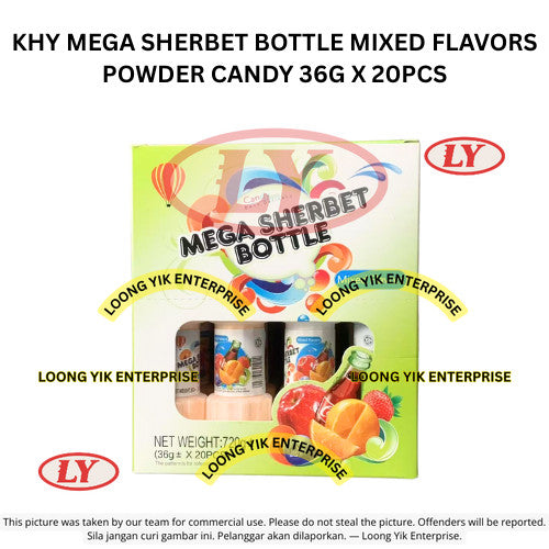 KHY MEGA SHERBET BOTTLE MIXED FLAVORS POWDER CANDY 36G X 20PCS