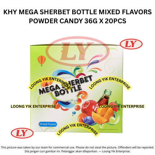 KHY MEGA SHERBET BOTTLE MIXED FLAVORS POWDER CANDY 36G X 20PCS