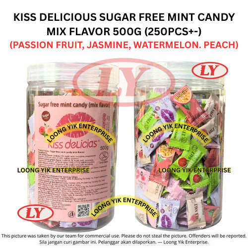 KISS DELICIOUS SUGAR FREE MINT CANDY MIX FLAVOR 500G (250PCS+-) PASSION FRUIT, JASMINE, WATERMELON, PEACH