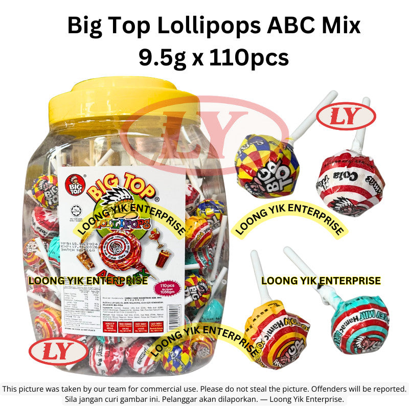 Big Top Lollipops ABC Mix/Mixed Fruits/Sour Pops/Colour Pops/Milk Pops 9.5g x 110pcs - 118pcs *Halal*