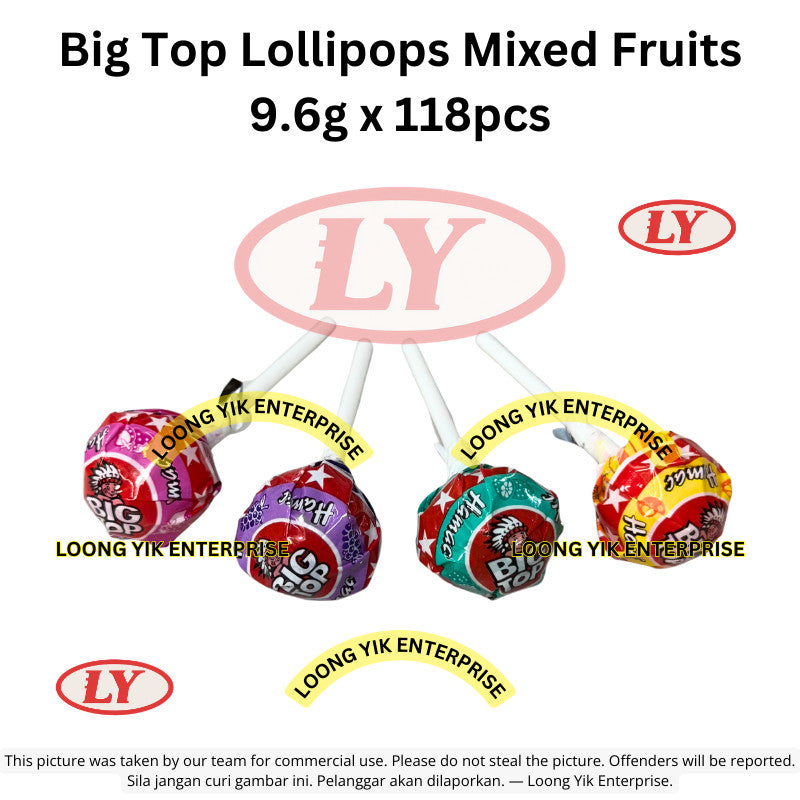 Big Top Lollipops ABC Mix/Mixed Fruits/Sour Pops/Colour Pops/Milk Pops 9.5g x 110pcs - 118pcs *Halal*