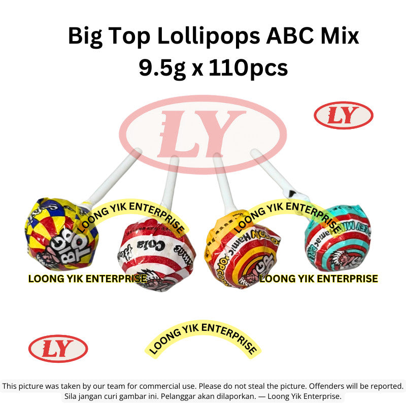 Big Top Lollipops ABC Mix/Mixed Fruits/Sour Pops/Colour Pops/Milk Pops 9.5g x 110pcs - 118pcs *Halal*