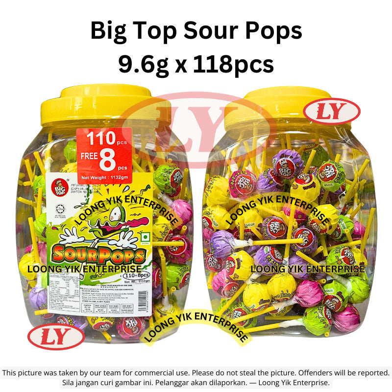 Big Top Lollipops ABC Mix/Mixed Fruits/Sour Pops/Colour Pops/Milk Pops 9.5g x 110pcs - 118pcs *Halal*