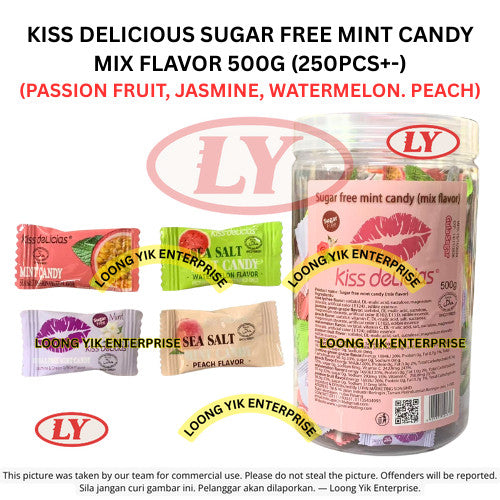 KISS DELICIOUS SUGAR FREE MINT CANDY MIX FLAVOR 500G (250PCS+-) PASSION FRUIT, JASMINE, WATERMELON, PEACH