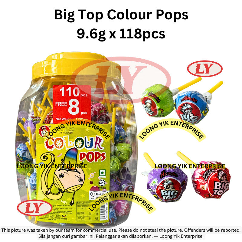 Big Top Lollipops ABC Mix/Mixed Fruits/Sour Pops/Colour Pops/Milk Pops 9.5g x 110pcs - 118pcs *Halal*