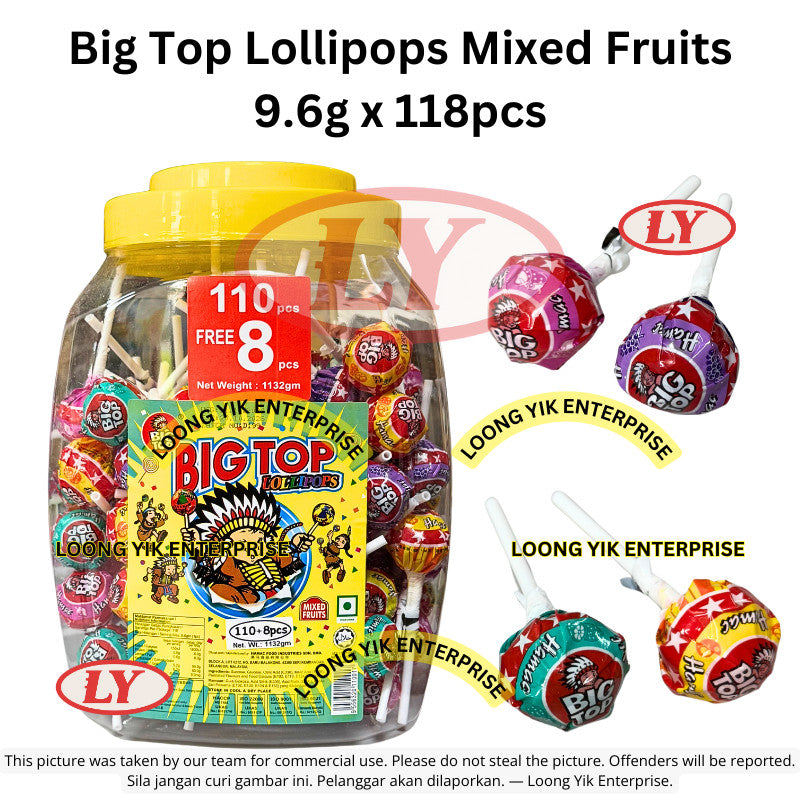 Big Top Lollipops ABC Mix/Mixed Fruits/Sour Pops/Colour Pops/Milk Pops 9.5g x 110pcs - 118pcs *Halal*
