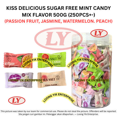 KISS DELICIOUS SUGAR FREE MINT CANDY MIX FLAVOR 500G (250PCS+-) PASSION FRUIT, JASMINE, WATERMELON, PEACH