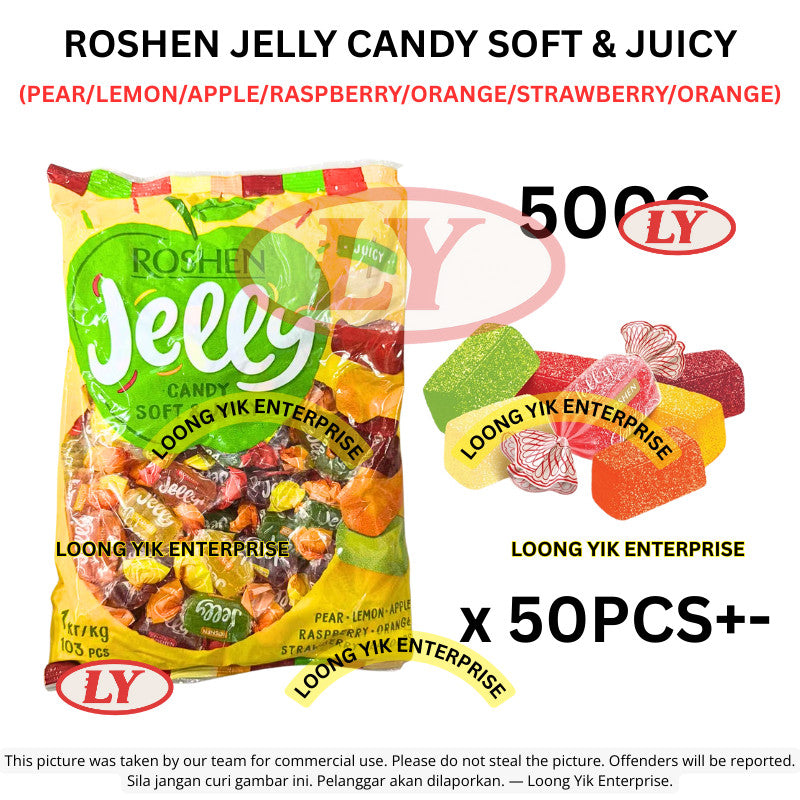 *Halal* ROSHEN JELLY CANDY SOFT & JUICY (PEAR/LEMON/APPLE/RASPBERRY/ORANGE/STRAWBERRY/ORANGE) 1KG (103PCS) Loongyik99
