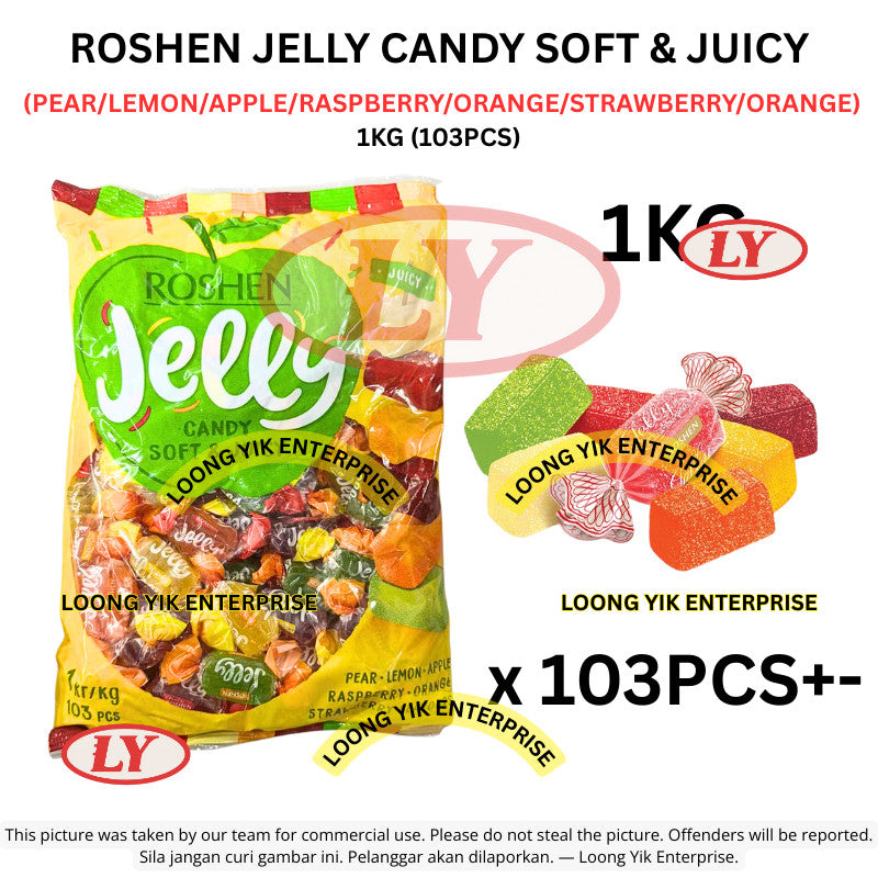 *Halal* ROSHEN JELLY CANDY SOFT & JUICY (PEAR/LEMON/APPLE/RASPBERRY/ORANGE/STRAWBERRY/ORANGE) 1KG (103PCS) Loongyik99