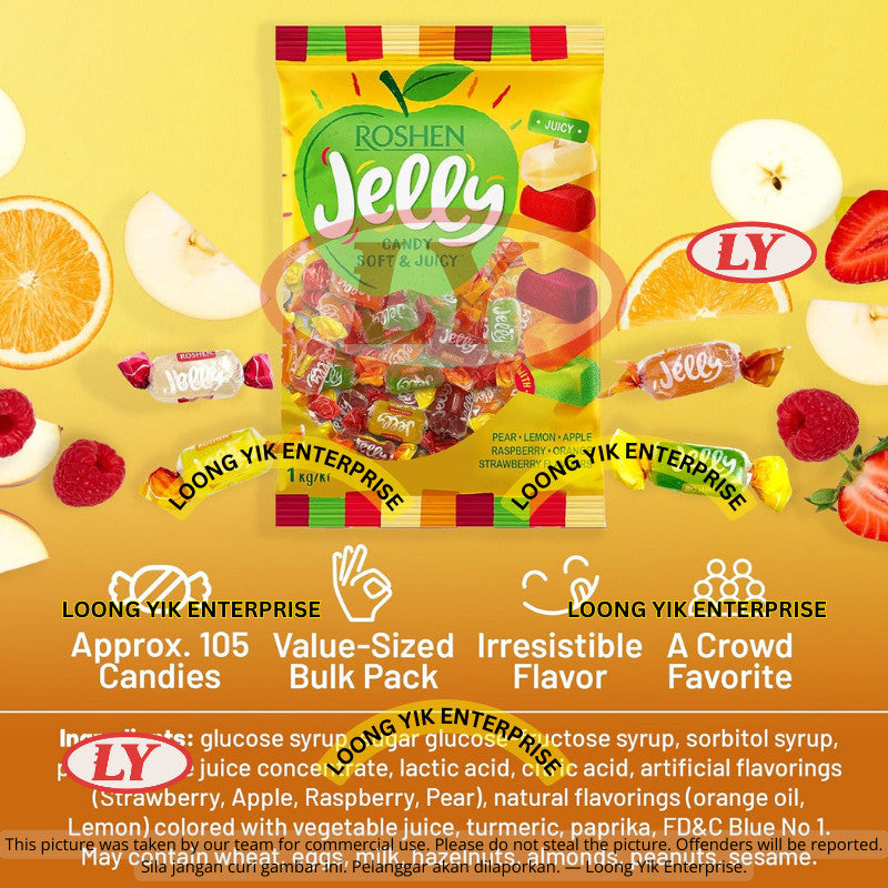 *Halal* ROSHEN JELLY CANDY SOFT & JUICY (PEAR/LEMON/APPLE/RASPBERRY/ORANGE/STRAWBERRY/ORANGE) 1KG (103PCS) Loongyik99