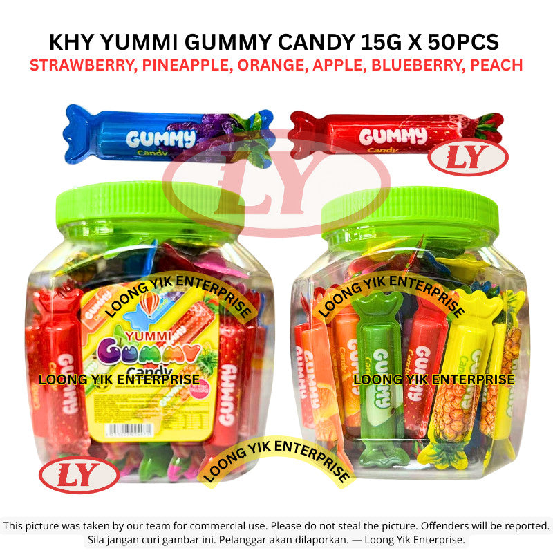 *Halal* KHY Yummi Gummy Candy 15g x 50pcs (Strawberry/Pineapple/Orange/Apple/Blueberry/Peach) Gula-gula Kenyal Ly99